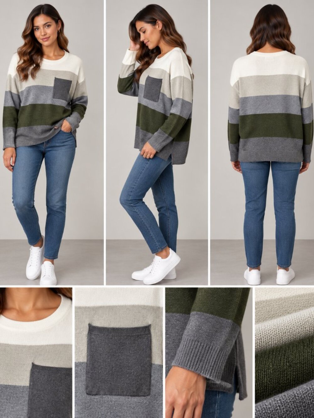 Lovestitch Striped Colorblock Crewneck Pocket Sweater Size S
